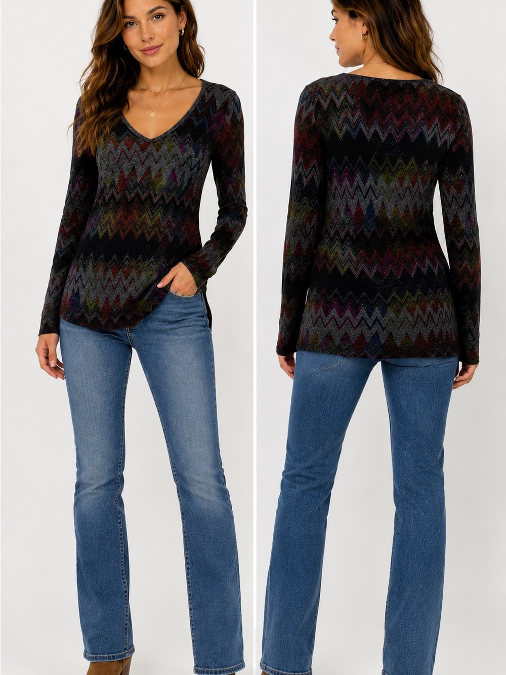 a.n. Designs Multicolor Chevron Long Sleeve Top Size Medium Y2K